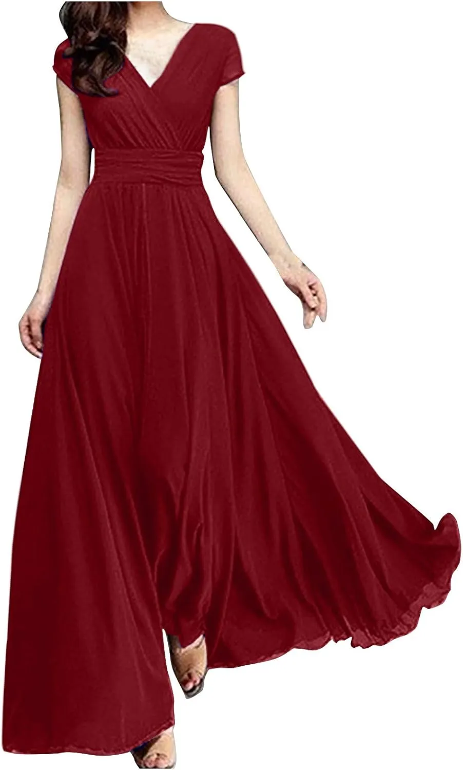 Women's V-Neck Solid Color Short Sleeve Chiffon Waist Closing Evening Dress Misses Long Temperament Fresh Dresses