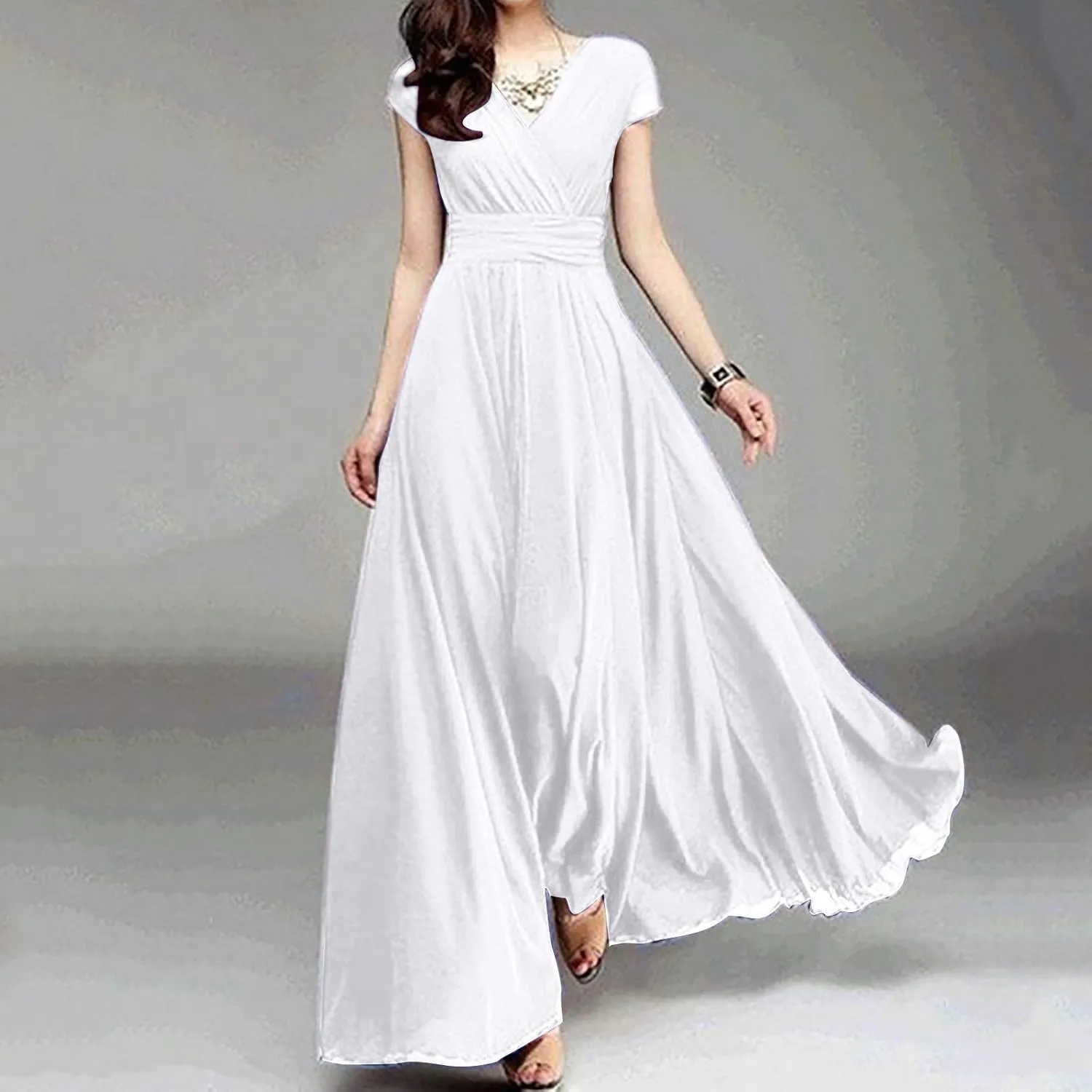 Women's V-Neck Solid Color Short Sleeve Chiffon Waist Closing Evening Dress Misses Long Temperament Fresh Dresses