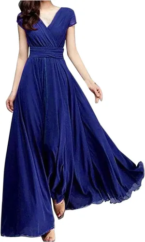 Women's V-Neck Solid Color Short Sleeve Chiffon Waist Closing Evening Dress Misses Long Temperament Fresh Dresses