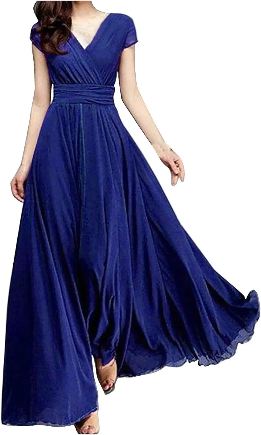 Women's V-Neck Solid Color Short Sleeve Chiffon Waist Closing Evening Dress Misses Long Temperament Fresh Dresses