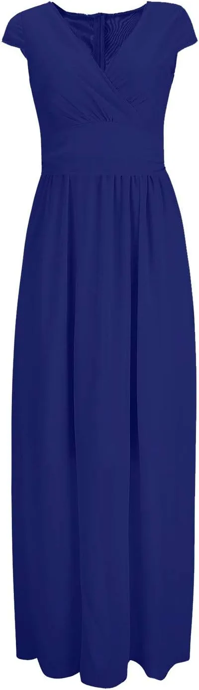Women's V-Neck Solid Color Short Sleeve Chiffon Waist Closing Evening Dress Misses Long Temperament Fresh Dresses