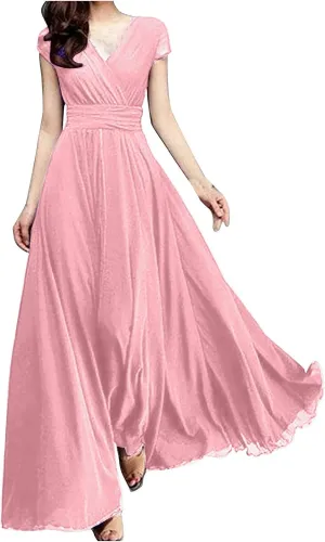 Women's V-Neck Solid Color Short Sleeve Chiffon Waist Closing Evening Dress Misses Long Temperament Fresh Dresses