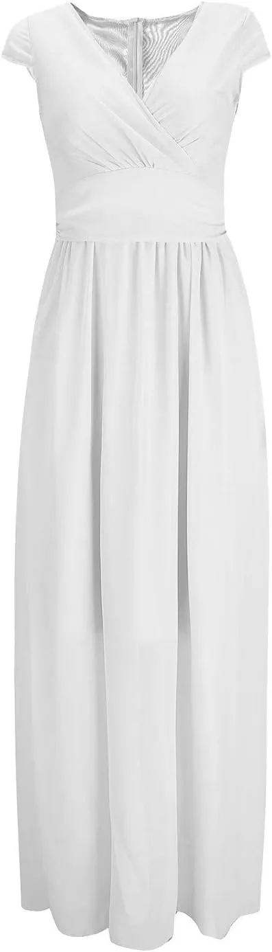 Women's V-Neck Solid Color Short Sleeve Chiffon Waist Closing Evening Dress Misses Long Temperament Fresh Dresses