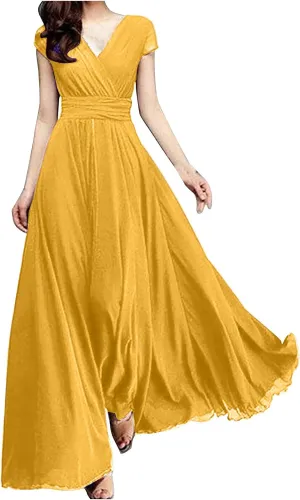 Women's V-Neck Solid Color Short Sleeve Chiffon Waist Closing Evening Dress Misses Long Temperament Fresh Dresses