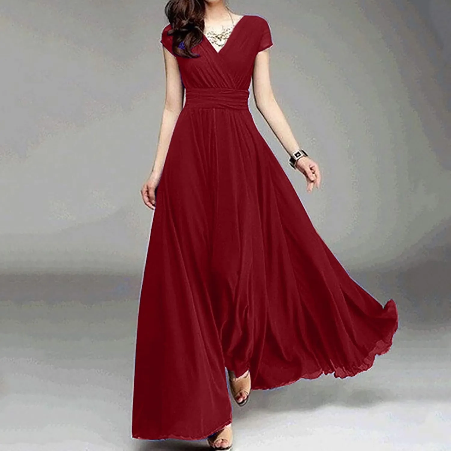 Women's V-Neck Solid Color Short Sleeve Chiffon Waist Closing Evening Dress Misses Long Temperament Fresh Dresses