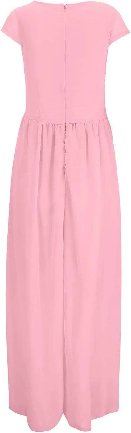 Women's V-Neck Solid Color Short Sleeve Chiffon Waist Closing Evening Dress Misses Long Temperament Fresh Dresses