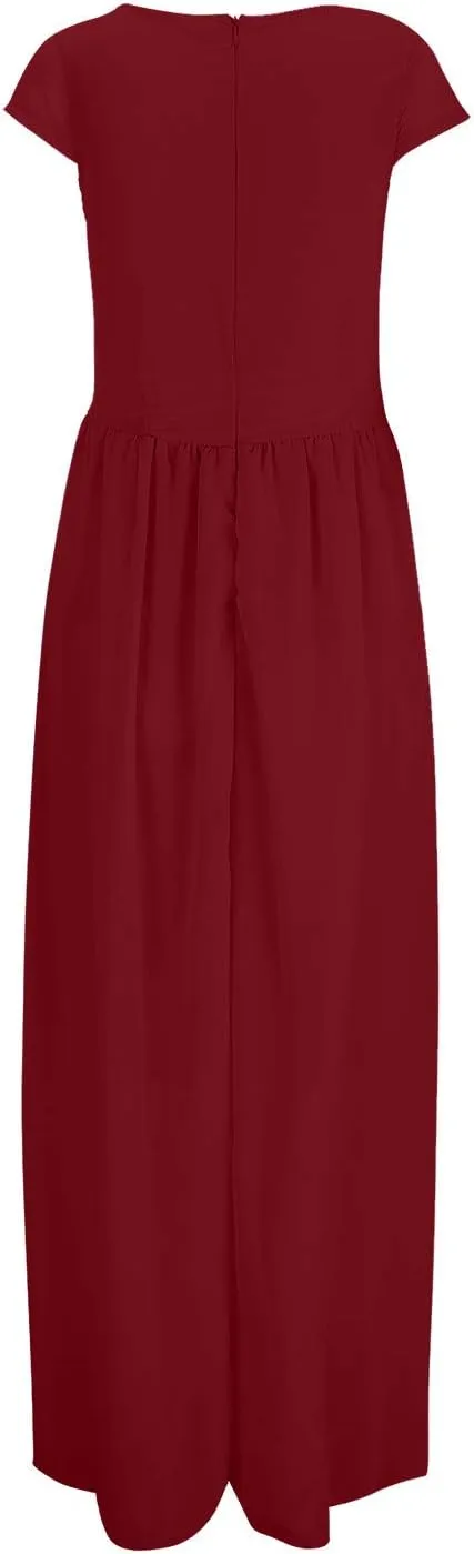 Women's V-Neck Solid Color Short Sleeve Chiffon Waist Closing Evening Dress Misses Long Temperament Fresh Dresses