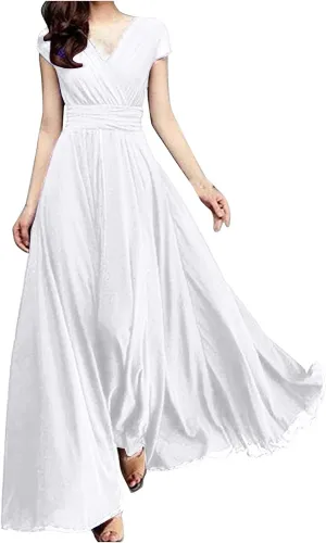 Women's V-Neck Solid Color Short Sleeve Chiffon Waist Closing Evening Dress Misses Long Temperament Fresh Dresses
