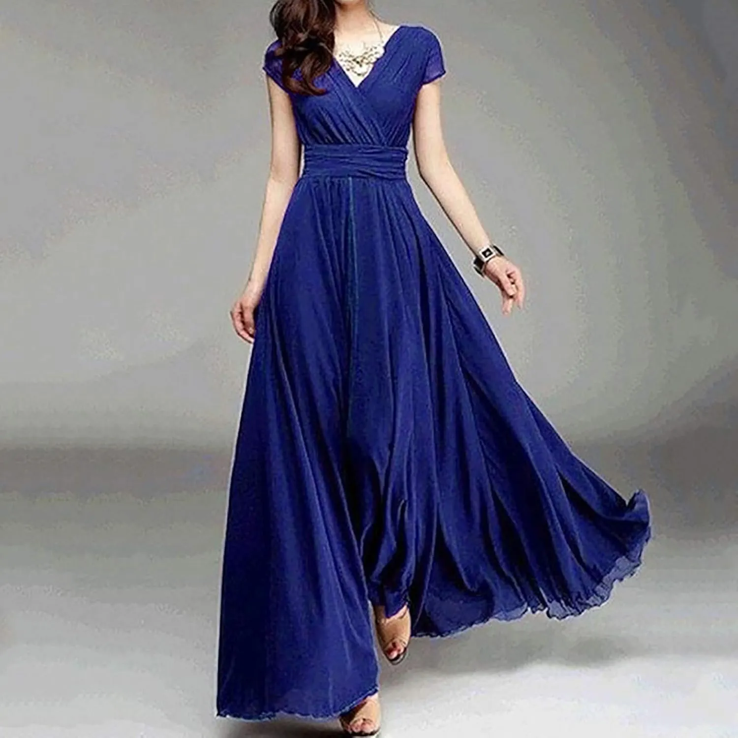 Women's V-Neck Solid Color Short Sleeve Chiffon Waist Closing Evening Dress Misses Long Temperament Fresh Dresses