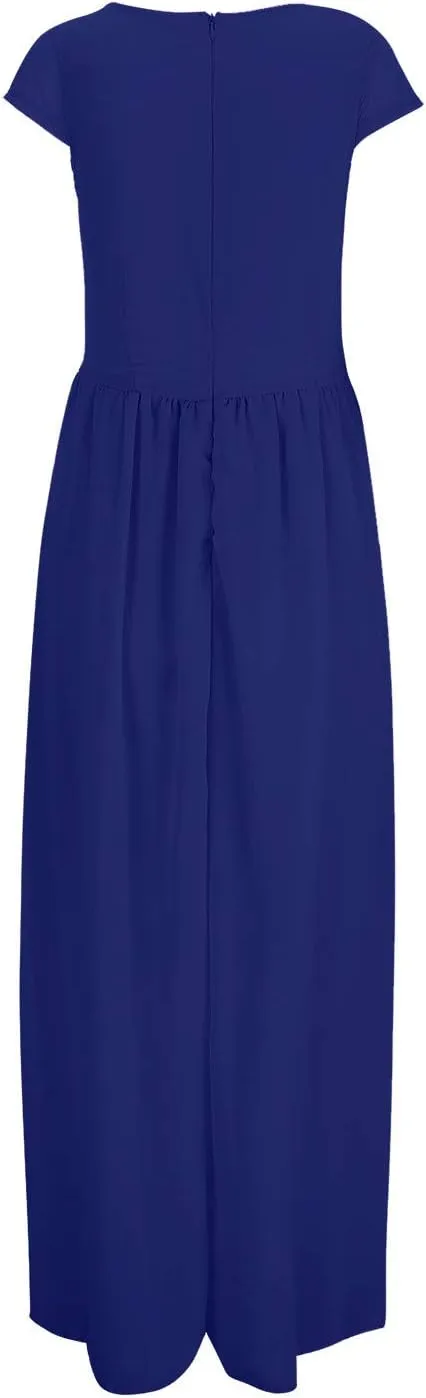 Women's V-Neck Solid Color Short Sleeve Chiffon Waist Closing Evening Dress Misses Long Temperament Fresh Dresses