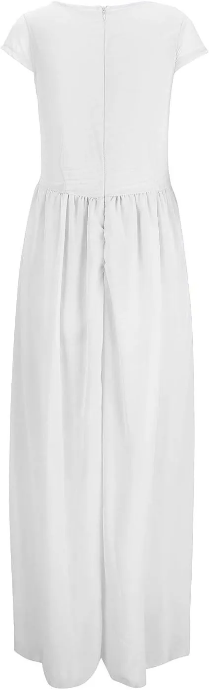 Women's V-Neck Solid Color Short Sleeve Chiffon Waist Closing Evening Dress Misses Long Temperament Fresh Dresses