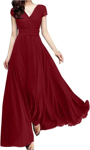 Women's V-Neck Solid Color Short Sleeve Chiffon Waist Closing Evening Dress Misses Long Temperament Fresh Dresses