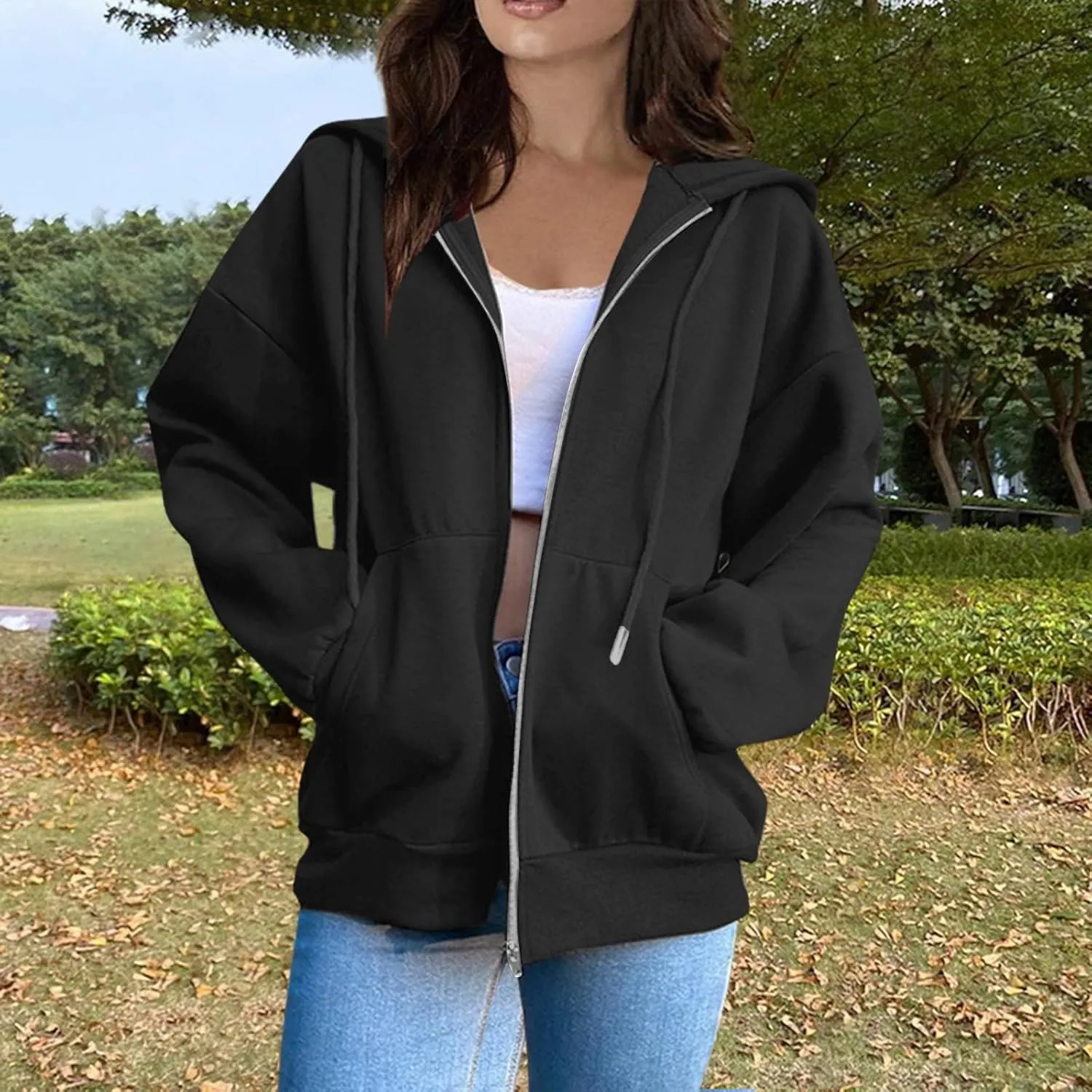 Womens Zip Up Hoodies Long Sleeve Oversized Sweatshirts Fall Fashion 2024 Trendy Lightweight Y2K Jacket