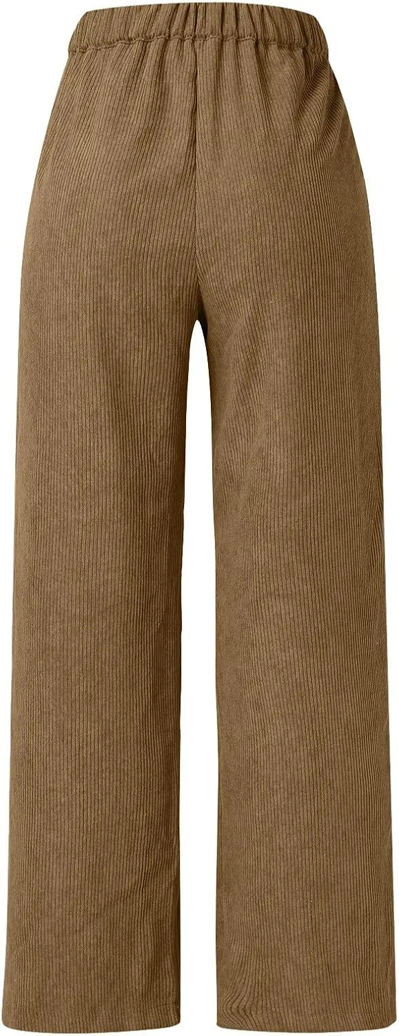 YOLAI Casual High Waist Straight Wide Leg Trousers Women Solid Color Corduroy Pants
