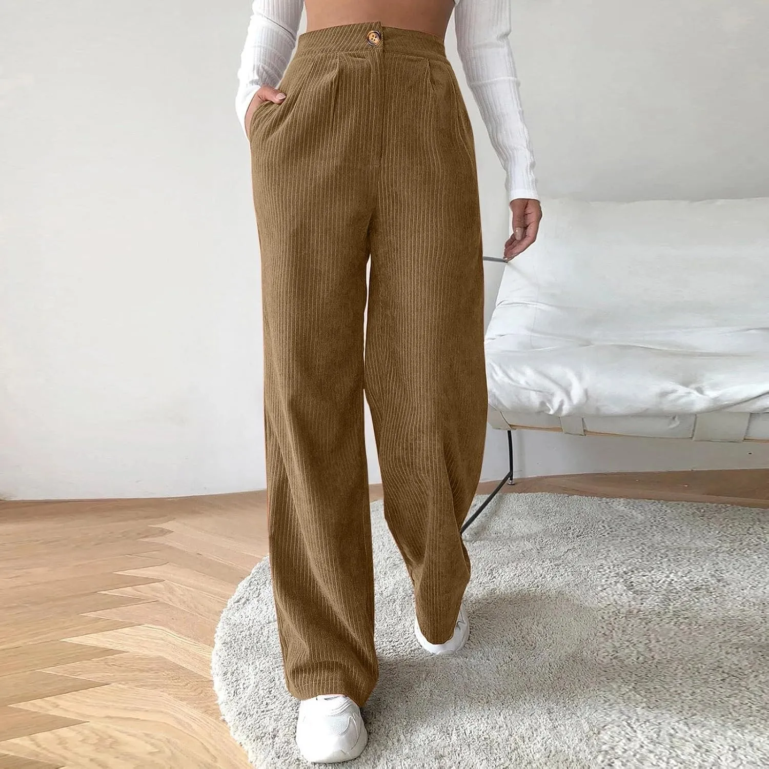 YOLAI Casual High Waist Straight Wide Leg Trousers Women Solid Color Corduroy Pants