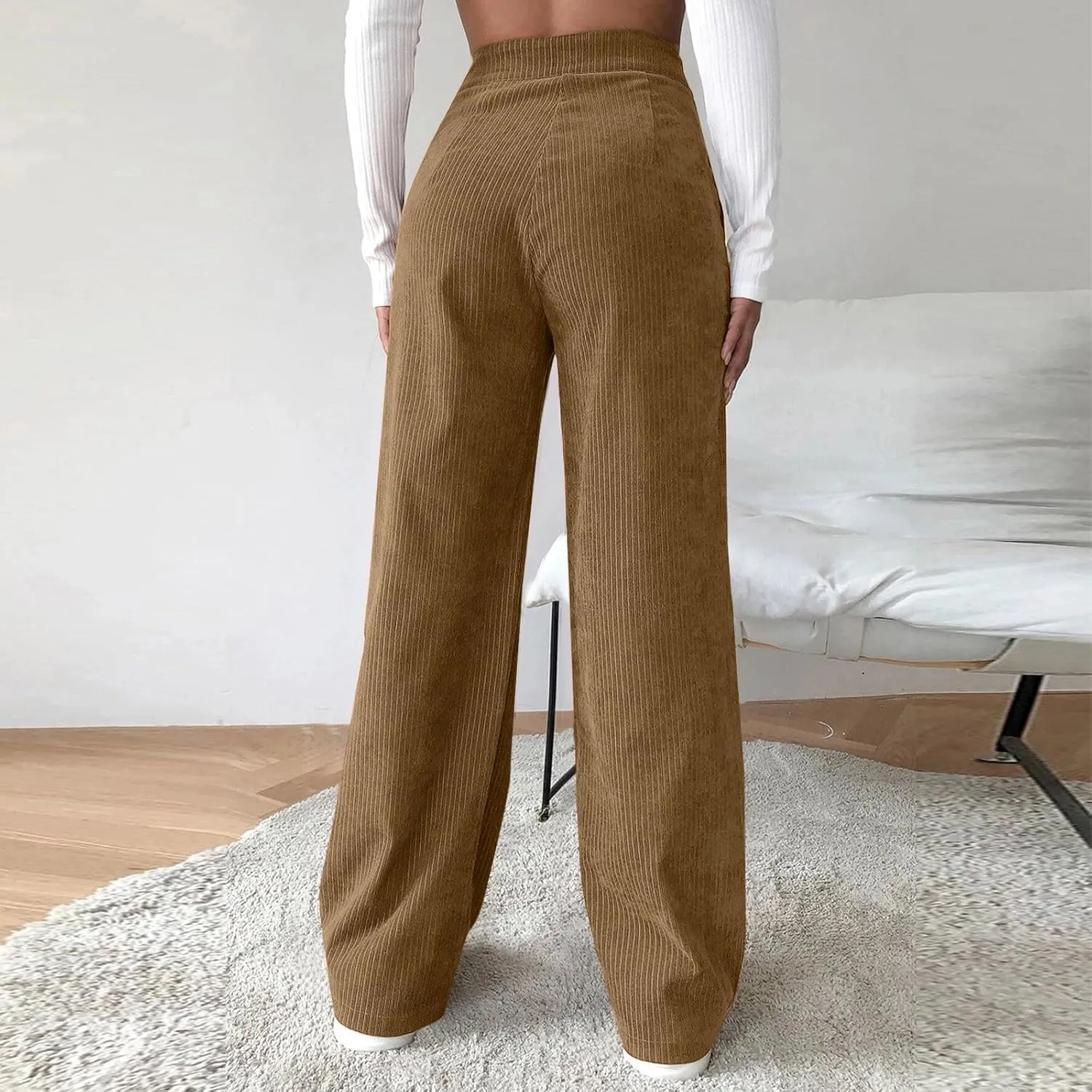 YOLAI Casual High Waist Straight Wide Leg Trousers Women Solid Color Corduroy Pants