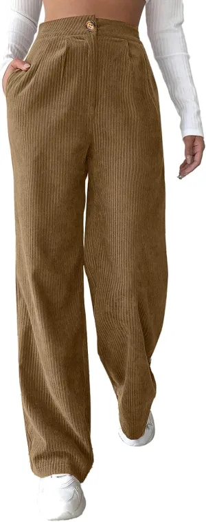 YOLAI Casual High Waist Straight Wide Leg Trousers Women Solid Color Corduroy Pants