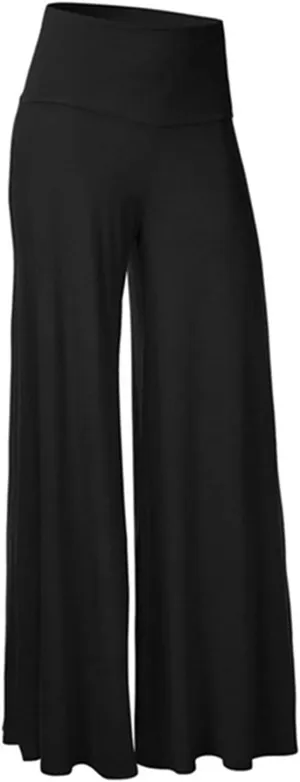 YOLAI High Waist Wide Leg Pants for Women Loose Solid Color Comfy Stretch Trousers Yoga Palazzo Exercise Pants (Black, L)