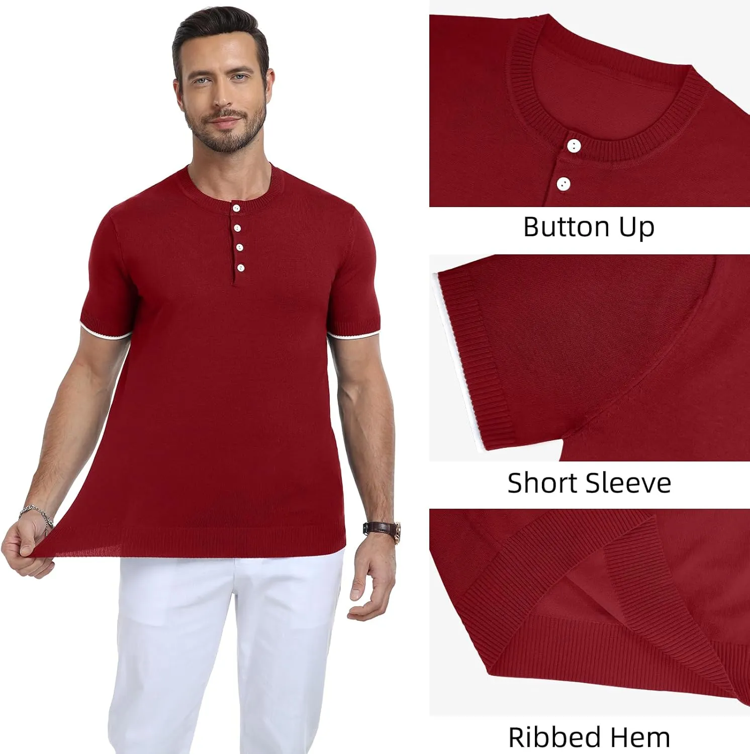 YTD Men's Short Sleeve Henley T-Shirts Casual Knit Shirt Summer Fashion Lightweight Henley Button Tee
