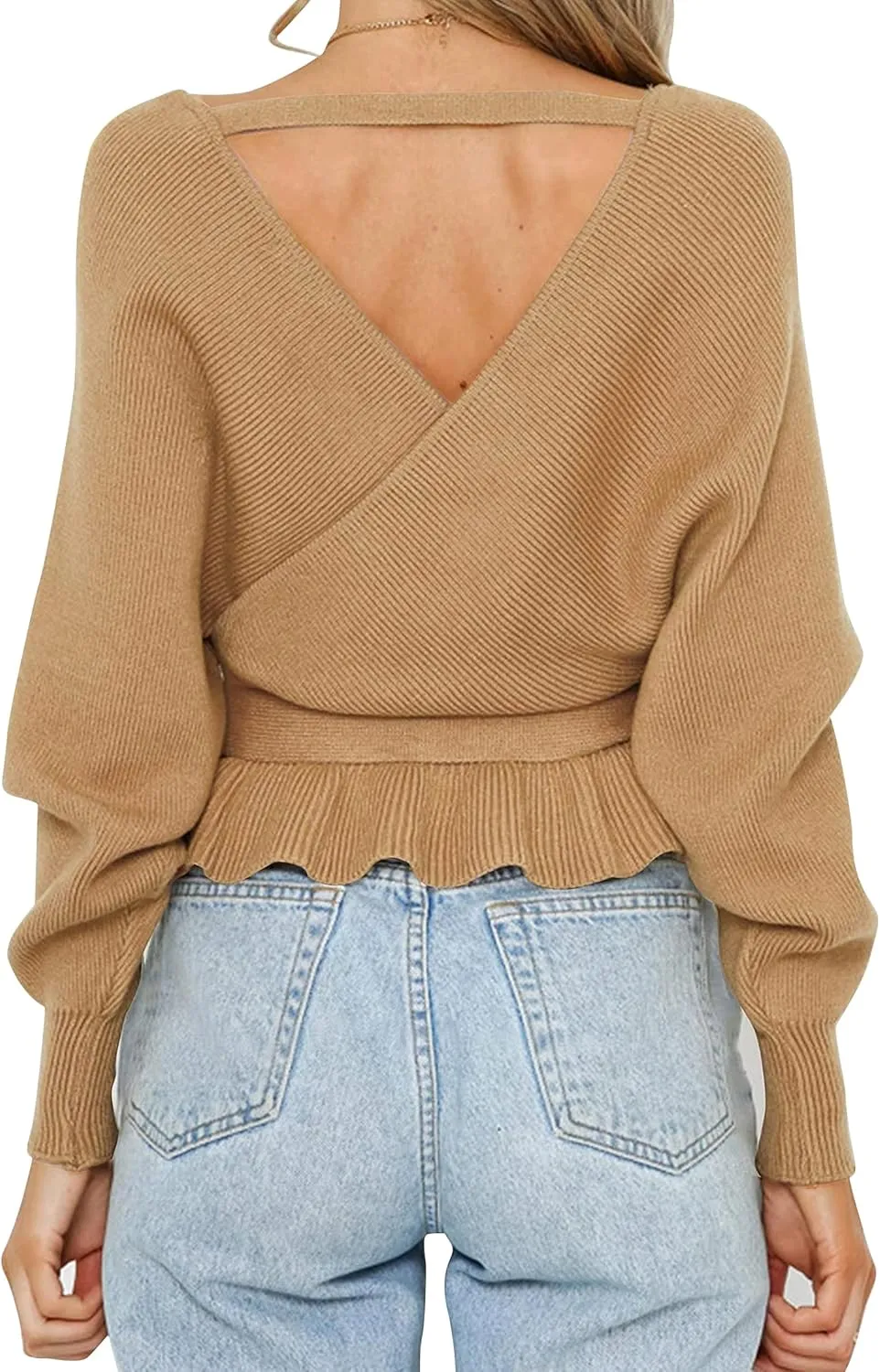 ZESICA Women's Fall Wrap V Neck Long Batwing Sleeve Belted Waist Ruffle Knitted Sweater Pullover Top