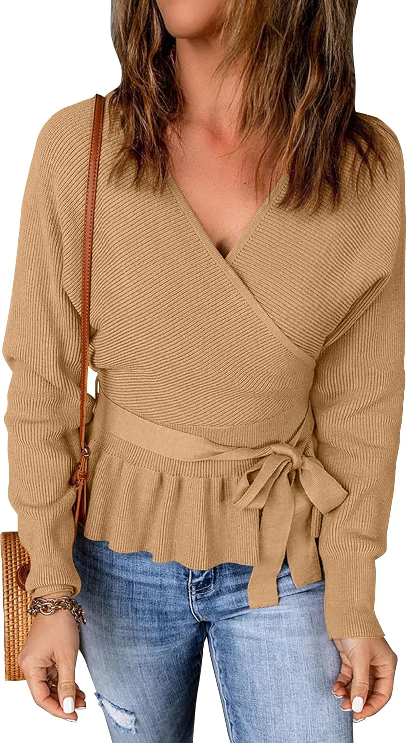ZESICA Women's Fall Wrap V Neck Long Batwing Sleeve Belted Waist Ruffle Knitted Sweater Pullover Top