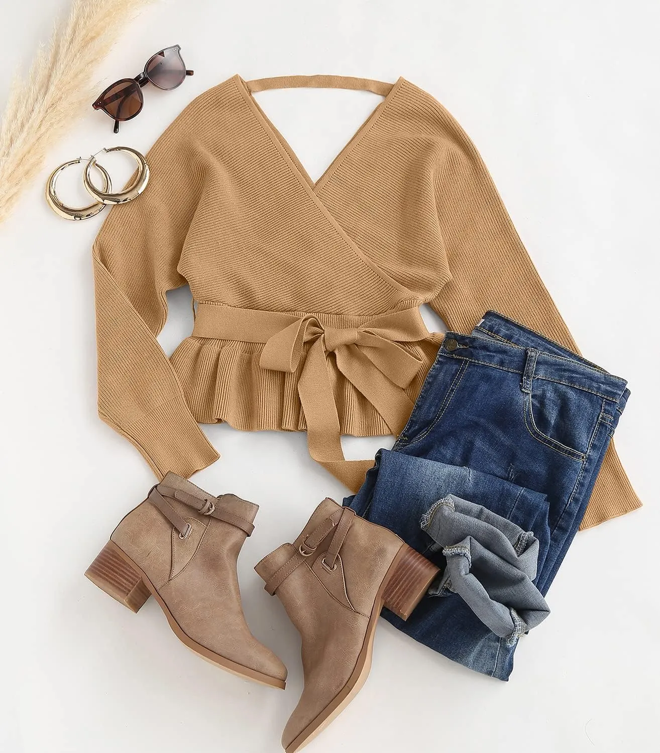 ZESICA Women's Fall Wrap V Neck Long Batwing Sleeve Belted Waist Ruffle Knitted Sweater Pullover Top